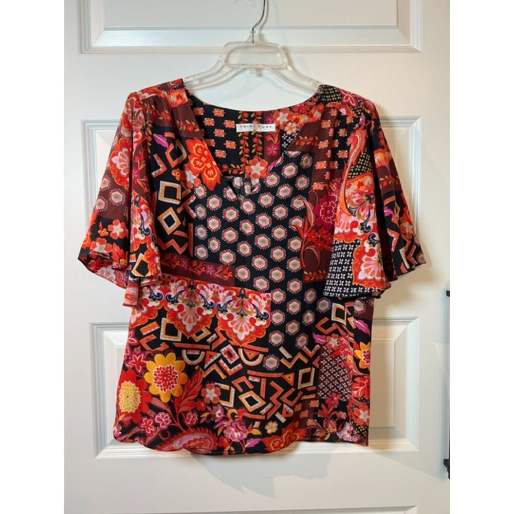 Trina Turk Blouse Multicolor Silk Patchwork Floral Flutter Sleeve Size M